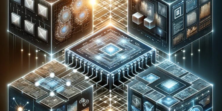 DALLE 2023-12-16 141139 - A realistic style image depicting blockchain technology divided into four distinct sections each representing a different aspect of technology The | 動區動趨-最具影響力的區塊鏈新聞媒體 沒買Solana拍斷大腿,哪些老牌公鏈還有機可趁?