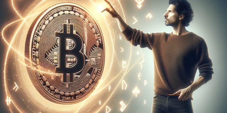 DALLE 2023-12-16 173818 - An image featuring a man of Hispanic descent casually dressed standing next to a large clearly visible Bitcoin coin He is artistically drawing Nor | 動區動趨-最具影響力的區塊鏈新聞媒體 比特幣「符文」接棒銘文暴富潮?簡析Runes協議、可能的Alpha