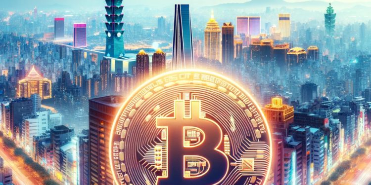 DALLE 2023-12-16 231619 - An image with a backdrop of Taipei Citys streetscape featuring a single prominent cryptocurrency symbol in the center The background should vividl | 動區動趨-最具影響力的區塊鏈新聞媒體 黑道開店「交易加密貨幣」喊合法!台灣VASP公會聲明:未通過防洗程序皆屬非法