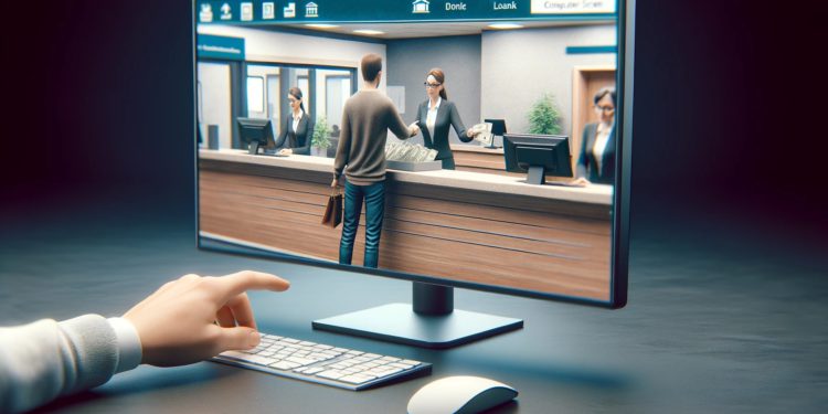 DALLE 2023-12-18 152618 - A realistic image with a 4_25 ratio depicting a computer screen showing a person at a bank counter borrowing money The scene on the screen should c | 動區動趨-最具影響力的區塊鏈新聞媒體 RWA爆發!鏈上信貸市場總額上衝5.82億美元,年增率達128%