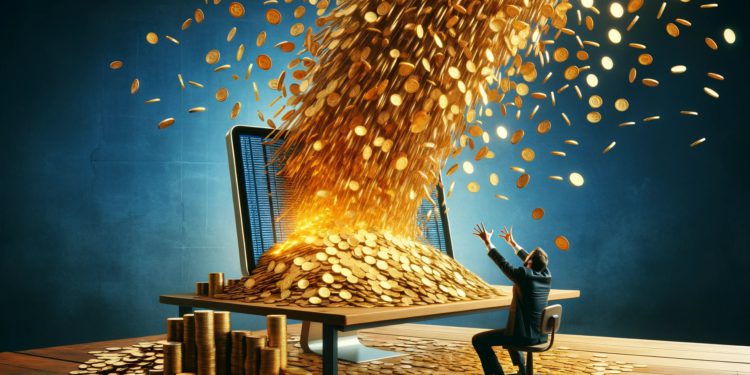 DALLE 2023-12-18 184712 - An image with a 4_25 ratio showing a computer screen with a massive flow of gold coins spilling out from it In front of the screen there is a man | 動區動趨-最具影響力的區塊鏈新聞媒體 銘文驚人數據》EVM鏈上單日總計Gas費用飆破830萬鎂!刷新歷史紀錄