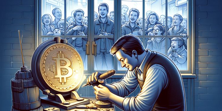 DALLE 2023-12-19 162322 - An image with a 4_25 ratio showing a craftsman meticulously carving a Bitcoin coin The scene takes place inside a workshop with the craftsman focu | 動區動趨-最具影響力的區塊鏈新聞媒體 ORDI萬倍神話:一場比特幣「吸引注意力」的迷因遊戲
