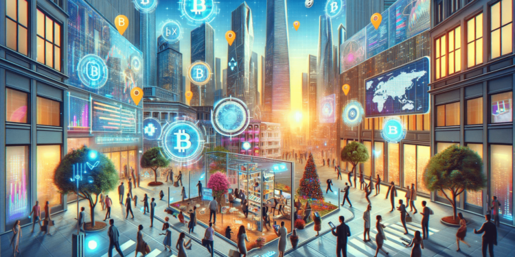 DALLE 2023-12-20 122305 - An imaginative depiction of the evolving world of cryptocurrency applications getting closer to reality The image portrays a bustling cityscape with 1 | 動區動趨-最具影響力的區塊鏈新聞媒體 Dapp離生活越來越近:反身性時代將結束