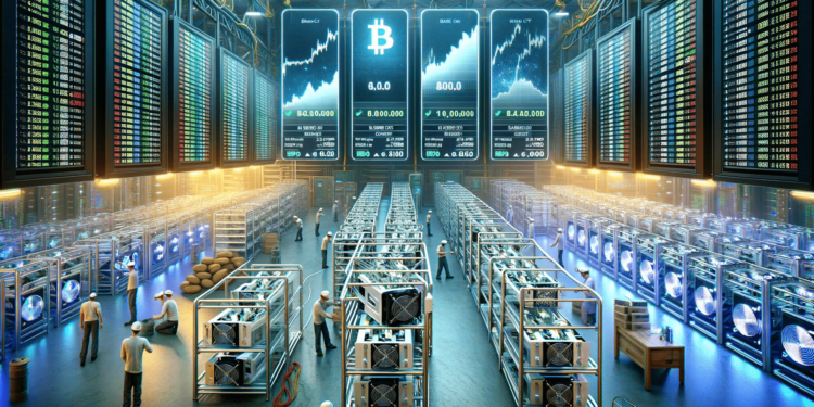 DALLE 2023-12-21 105925 - The image depicts a dynamic and bustling scene of a Bitcoin mining facility with advanced mining rigs Visible in the background are large digital scr 1 | 動區動趨-最具影響力的區塊鏈新聞媒體 礦機概念股暴漲56%》銘文拉動比特幣挖礦利潤,礦企「猛開槓桿」搶買礦機