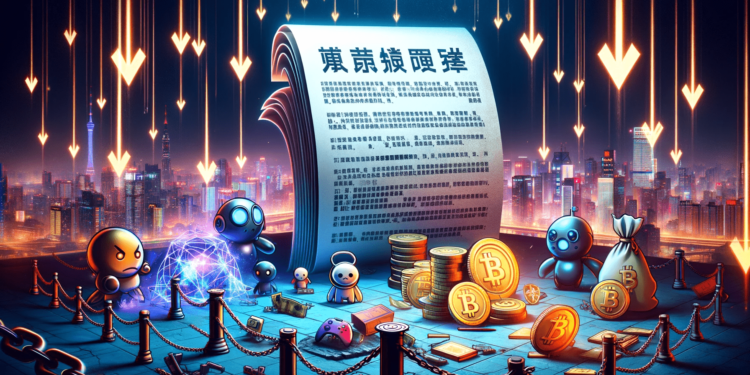 DALLE 2023-12-23 161922 - An image portraying the impact of Chinas new online game management regulations on the gaming industry and blockchain games The scene includes a lar 1 | 動區動趨-最具影響力的區塊鏈新聞媒體 鏈遊全違法!中國遊戲新法禁匿名錢包、代幣換法幣;登入獎勵、首抽送也不行