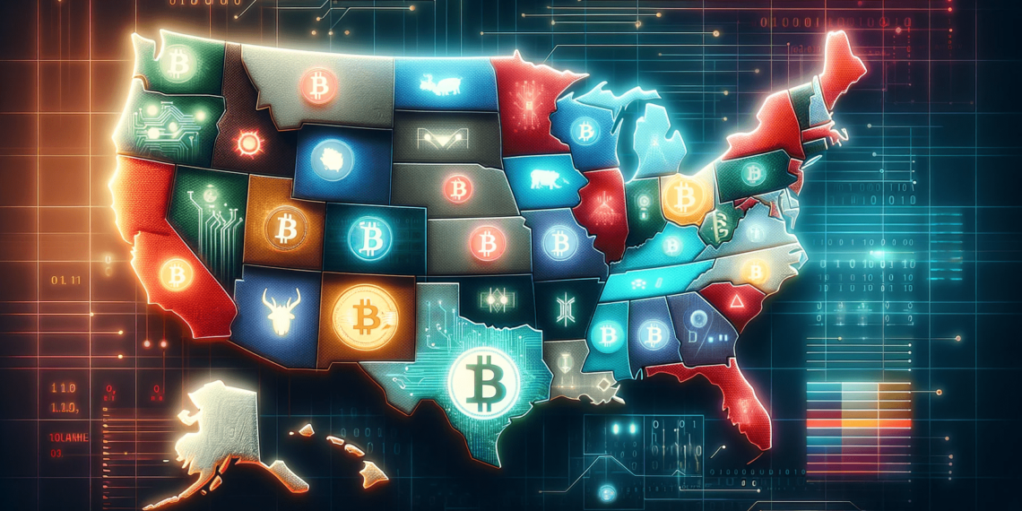 DALLE 2023-12-26 115333 - A digital illustration showing a map of the United States highlighting California and Washington State These states are depicted with glowing color | 動區動趨-最具影響力的區塊鏈新聞媒體 美國加密貨幣信徒們,都會聚集在哪些區域?