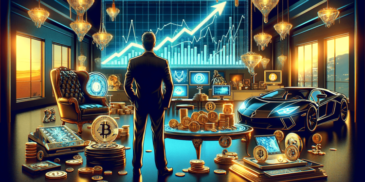 DALLE 2023-12-27 110238 - An image depicting a person who has become wealthy through cryptocurrency The scene shows an individual standing in a luxurious setting surrounded b 1 | 動區動趨-最具影響力的區塊鏈新聞媒體 2023暴富故事合集:看完別焦慮、期待我們成為下一個