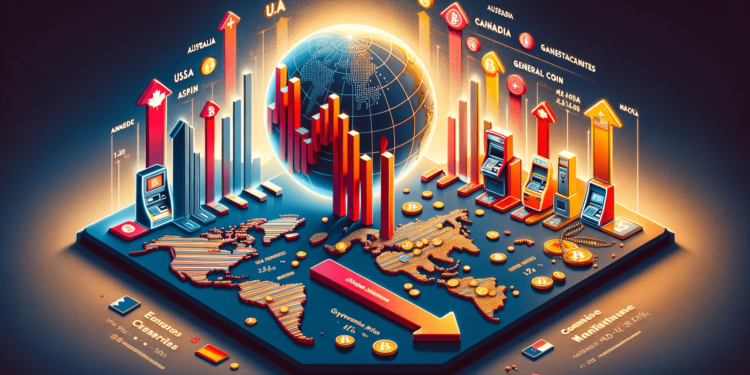 DALLE 2024-01-02 165410 - A creative and informative image depicting the global decline of cryptocurrency ATMs The image should include a world map with decreasing arrows or g 1 | 動區動趨-最具影響力的區塊鏈新聞媒體 監管緊縮!全球比特幣ATM數量大減11.1%,美國下降15.4%最激烈