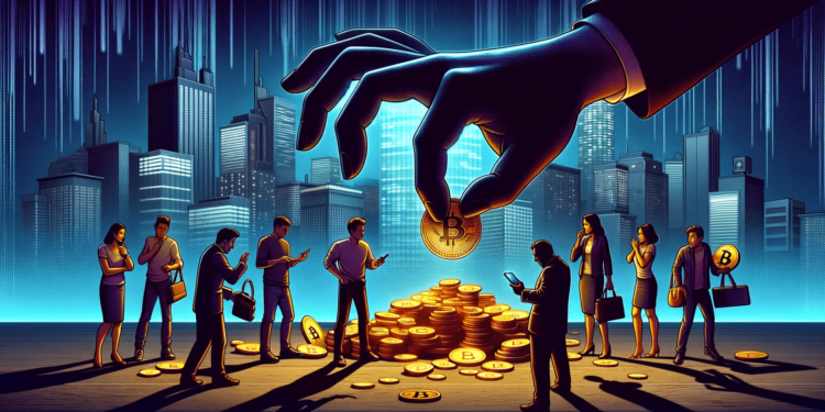 DALLE 2024-01-03 181009 - A digital illustration depicting a scene of a virtual currency scam The image shows a large ominous shadow of a hand reaching towards a pile of coin 1 | 動區動趨-最具影響力的區塊鏈新聞媒體 基隆幣商聯手詐諞集團!先賣5千萬USDT給被害人,謊稱「投資比特幣」捲款