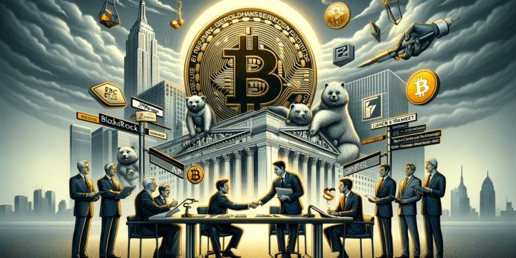 DALLE 2024-01-04 131502 - An engaging and visually striking header image for a financial news article The image depicts the nearing approval process of Bitcoin spot ETFs with 1 | 動區動趨-最具影響力的區塊鏈新聞媒體 搶食現貨ETF大餅》高盛想成為貝萊德和灰度GBTC交易承銷商(AP)