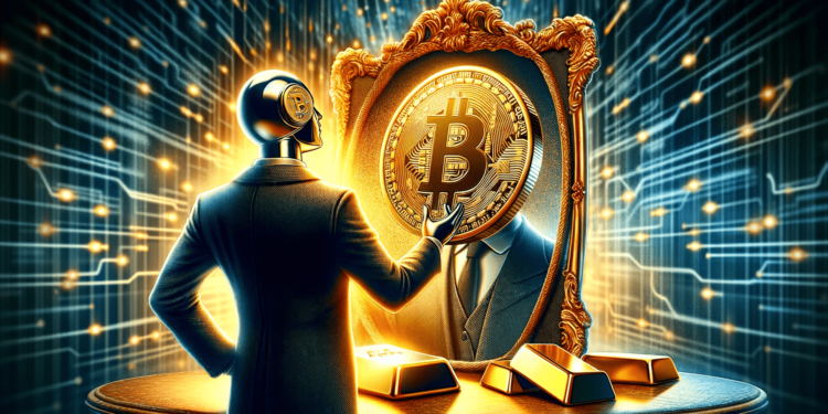 DALLE 2024-01-09 131651 - Create an artistic representation of Bitcoin personified as a character looking into a mirror and seeing a reflection of gold symbolizing its potenti 1 | 動區動趨-最具影響力的區塊鏈新聞媒體 渣打銀行預估比特幣現貨ETF「狂吸1,000億鎂投資」!2年後BTC漲到20萬鎂