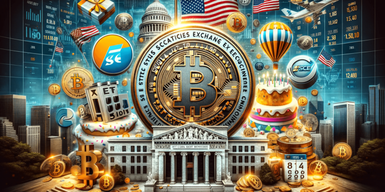 DALLE 2024-01-11 131543 - An image representing the historic moment when the United States Securities and Exchange Commission SEC approved 11 Bitcoin spot ETFs signifying th 1 | 動區動趨-最具影響力的區塊鏈新聞媒體 中本聰寫好比特幣神劇本?現貨ETF通過與「15年前首筆交易」同一天