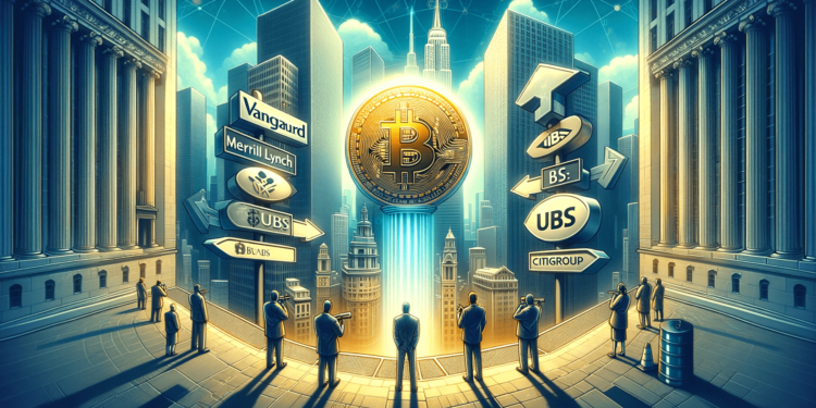 DALLE 2024-01-12 131041 - A conceptual and professional banner image for a financial article with a width-to-height ratio of 2_1 The image should feature symbols or abstract 1 | 動區動趨-最具影響力的區塊鏈新聞媒體 華爾街「看不起比特幣」的機構:Vanguard拒交易現貨ETF、美林證券觀望
