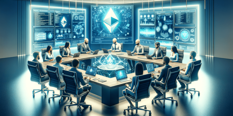 DALLE 2024-01-26 121509 - An artistic representation of a recent meeting of Ethereum core developers The image features a high-tech conference room setting symbolizing the cu 1 | 動區動趨-最具影響力的區塊鏈新聞媒體 以太坊核心開發者最新會議:Deneb升級資訊、Electra升級先考慮的EIP