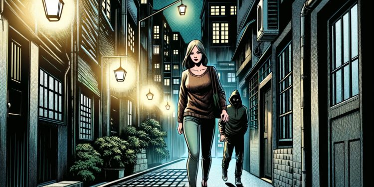 DALLE 2024-02-02 183326 - A comic book style illustration depicting a night scene in a dark alley The focus is on a woman walking home alone She is dressed casually and seems | 動區動趨-最具影響力的區塊鏈新聞媒體 美國醫生用比特幣「暗網買兇」!女友被FBI攔下:妳未婚夫要殺的是妳