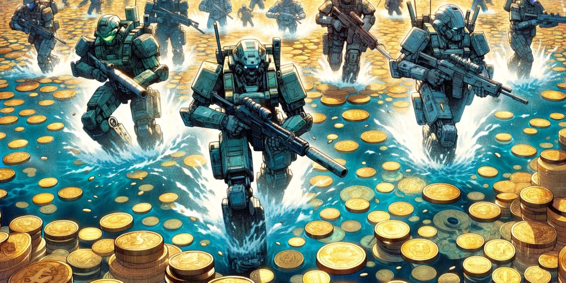 DALLE 2024-02-14 113505 - Create an image in Japanese manga style with a 9_25 aspect ratio depicting several soldiers in futuristic mech suits engaged in battle while on th | 動區動趨-最具影響力的區塊鏈新聞媒體 再質押戰場全面解析》你該參與哪個協議?