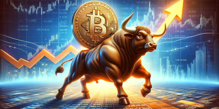 DALLE 2024-02-14 165426 - Visualize a bull market for Bitcoin with a strong confident bull literally carrying a giant Bitcoin symbol on its back The scene captures the essenc 1 | 動區動趨-最具影響力的區塊鏈新聞媒體 比特幣多軍來了!突破5.1萬美元、未平倉合約210億,逼近2021牛市高峰