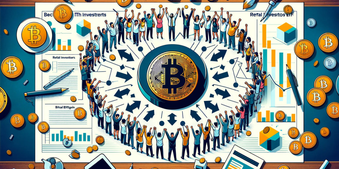 DALLE 2024-02-21 105447 - Design a simpler image for an article headline about the booming Bitcoin ETF market focusing on retail investors uniting as a force and the central r 1 1 | 動區動趨-最具影響力的區塊鏈新聞媒體 比特幣現貨ETF日交易量20億鎂「創新高」,VanEck的$HODL交易暴增14倍,發生什麼?