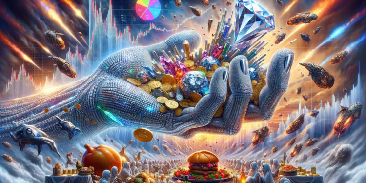 DALLE 2024-02-22 104605 - A surreal artistic interpretation of the concept Diamond Hands eating and taking with the days of airdrops crashing the market seeming to be over 1 | 動區動趨-最具影響力的區塊鏈新聞媒體 鑽石手們「又吃又拿」空投砸盤的日子過去了?Stake to Earn 成新趨勢