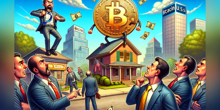 DALLE 2024-02-22 112611 - Visualize the scenario where Bitcoins significant price surge has caught the attention of the US banking sector which is depicted as jealous or 1 | 動區動趨-最具影響力的區塊鏈新聞媒體 比特幣大漲、Coinbase託管爽賺,美國銀行業「眼紅了」
