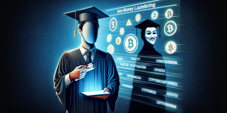 DALLE 2024-02-22 163256 - Visualize an ironic scene where a graduate of an Anti-Money Laundering course from the Financial Research Institute uses his knowledge to commit crypt 1 | 動區動趨-最具影響力的區塊鏈新聞媒體 諷刺!詐騙成員曾到金研院「學洗錢防制」,台南檢方起訴假幣商集團