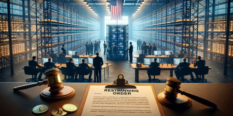 DALLE 2024-02-24 131043 - Create an image that visually represents the concept of a Bitcoin mining operation being scrutinized by the US government with a temporary restrain 1 | 動區動趨-最具影響力的區塊鏈新聞媒體 美國政府「突襲檢查」比特幣礦企計畫見光,共和黨議員撐腰:礦工都應受保護