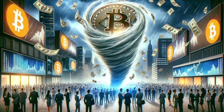 DALLE 2024-02-26 172031 - Create an image in a realistic human style dimensions 9_25 depicting a scene where Bitcoin is influencing the financial market The main focus is a | 動區動趨-最具影響力的區塊鏈新聞媒體 灰度倒貨,貝萊德吃飽?比特幣ETF通過後加密市場流入了多少資金