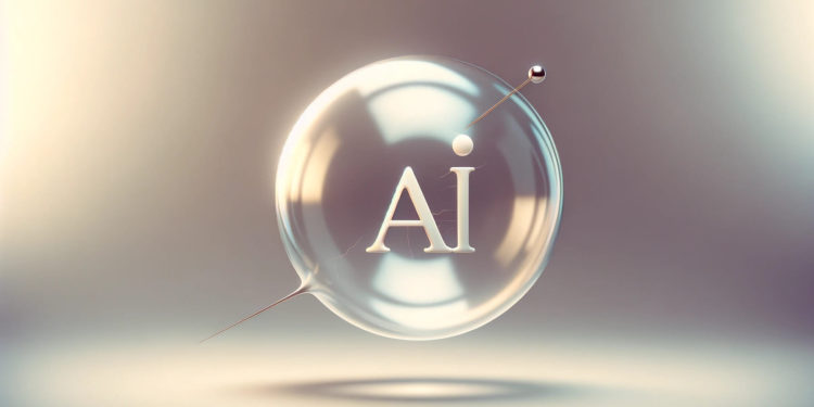 DALLE 2024-02-27 185109 - Create a minimalist image that visually captures the moment just before an AI bubble bursts The focus should be on a singular large bubble with AI 1 | 動區動趨-最具影響力的區塊鏈新聞媒體 阿波羅全球管理警告:AI投資狂潮「泡沫吹得太過頭」,超過90年代的網路業泡沫