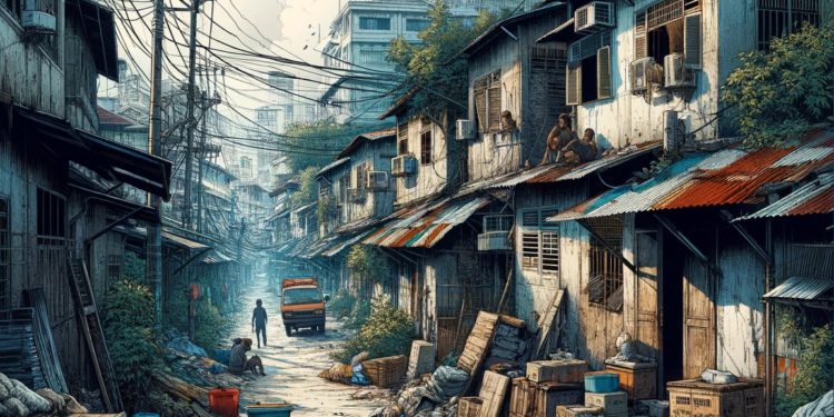 DALLE 2024-02-27 185546 - Create an image in a realistic comic style with a ratio of 9_25 illustrating a poor and rundown Southeast Asian neighborhood The scene should vivi | 動區動趨-最具影響力的區塊鏈新聞媒體 鏈上追蹤緬甸詐騙KK園區:僅兩個地址,收到近1億美元的加密貨幣