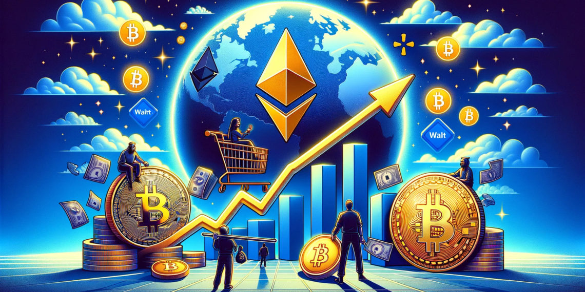 DALLE 2024-03-12 110739 - Design a featured image for an article with the dimensions ratio of 2_1 The title of the article is Ethereum Market Cap Surpasses Walmart Climbing 1 | 動區動趨-最具影響力的區塊鏈新聞媒體 以太坊市值「超越沃爾瑪」躍升全球第19大資產,ETH還有哪些潛在利好?