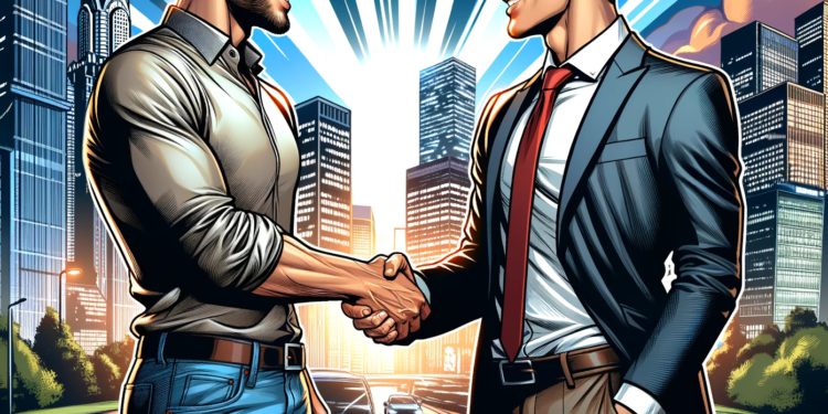 DALLE 2024-03-12 225928 - An image in a realistic comic book style featuring two handsome men in a friendly handshake The setting is a vibrant city background with skyscraper | 動區動趨-最具影響力的區塊鏈新聞媒體 交易員Alex、DA Cpital皆聲明「誤會一場」:遺憾網上言論造成友商紛爭