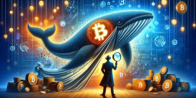 DALLE 2024-03-13 182438 - Imagine a scene where a Bitcoin whale represented by a large majestic whale made out of digital blocks and Bitcoin symbols is being unveiled by a c 1 | 動區動趨-最具影響力的區塊鏈新聞媒體 神秘比特幣巨鯨「Mr.100」真身解密:原來是這家交易所冷錢包