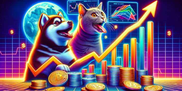 DALLE 2024-03-25 104206 - A vibrant and dynamic image illustrating the significant surge in meme coin markets specifically highlighting the dog-themed and cat-themed meme coin 1 | 動區動趨-最具影響力的區塊鏈新聞媒體 迷因板塊跳漲!狗帽幣WIF飆升30%、貓系Memecoin接棒拉漲