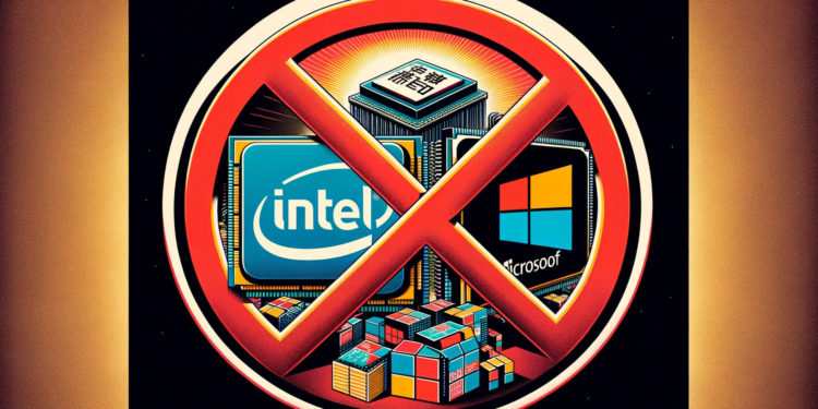 DALLE 2024-03-25 125921 - Design an impactful image that strongly conveys Chinas decisive action to ban US microprocessors from Intel and AMD as well as Microsofts Windows o 1 1 | 動區動趨-最具影響力的區塊鏈新聞媒體 中國禁公家機關、國企用Intel、AMD晶片、微軟Windows系統!邁向全技術國產化