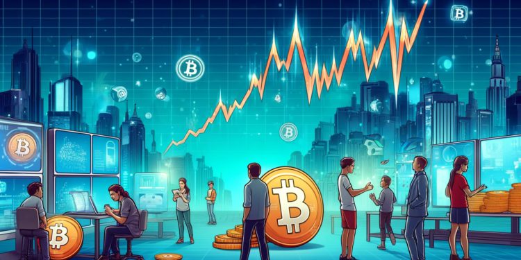 DALLE 2024-04-02 181601 - A 9_25 ratio tech-cartoon-style illustration showing the concept of Bitcoin initially decreasing in value and then potentially experiencing a signif | 動區動趨-最具影響力的區塊鏈新聞媒體 比特幣先跌再跳?「聰明錢」可能在等6.2萬美元抄底BTC