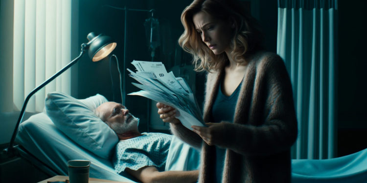 DALLE 2024-04-09 174342 - Generate a detailed wide image with a 2_1 aspect ratio showcasing a woman standing by her husbands hospital bed with an even more troubled expressi 2 | 動區動趨-最具影響力的區塊鏈新聞媒體 抵押房子籌手術費,台北婦人險遭假虛擬貨幣投資,詐騙330萬救命錢