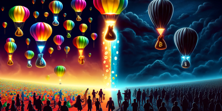 DALLE 2024-04-15 112332 - A conceptual digital artwork depicting the transformation of cryptocurrency airdrops represented by hot air balloons The left side shows colorful ho | 動區動趨-最具影響力的區塊鏈新聞媒體 觀點》空投從獎勵早期採用者,淪為內部人士致富工具與社交遊戲?