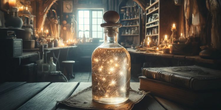 DALLE 2024-04-19 200135 - A magical potion brewed by a wizard contained in a crystal bottle placed on a wooden table inside a wizards cottage The scene is enchanting with t | 動區動趨-最具影響力的區塊鏈新聞媒體 空投教學》萬靈藥Elixir八月上線,存100u就能擼、埋伏爆擊機會