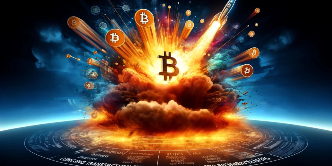DALLE 2024-04-20 125250 - A digital artwork illustrating the dramatic rise in Bitcoin network fees due to the launch of the Runes protocol which coincides with a Bitcoin halvi 2 | 動區動趨-最具影響力的區塊鏈新聞媒體 Runes引爆比特幣手續費「礦工爽賺」;神魚:這非BTC「減半」,而是翻倍