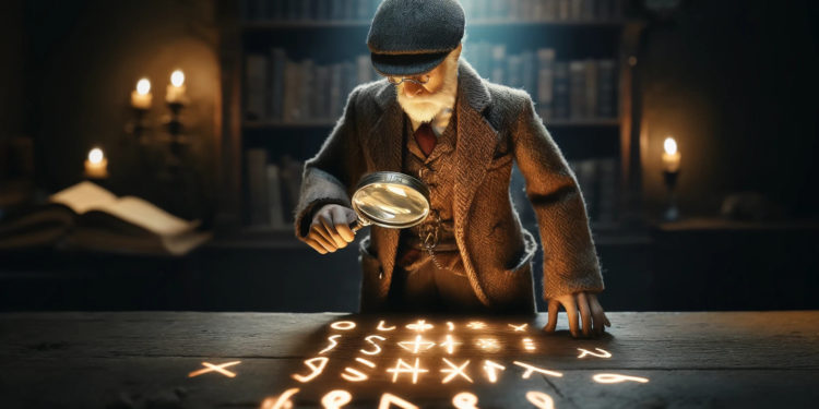 DALLE 2024-04-29 184445 - A more focused image showing a small figure of an elderly teacher dressed in a classic tweed jacket with elbow patches using a magnifying glass to e 1 | 動區動趨-最具影響力的區塊鏈新聞媒體 Runes工具深度教學》如何分析地址、追蹤聰明錢、發掘Alpha、最後掌握出場時機!