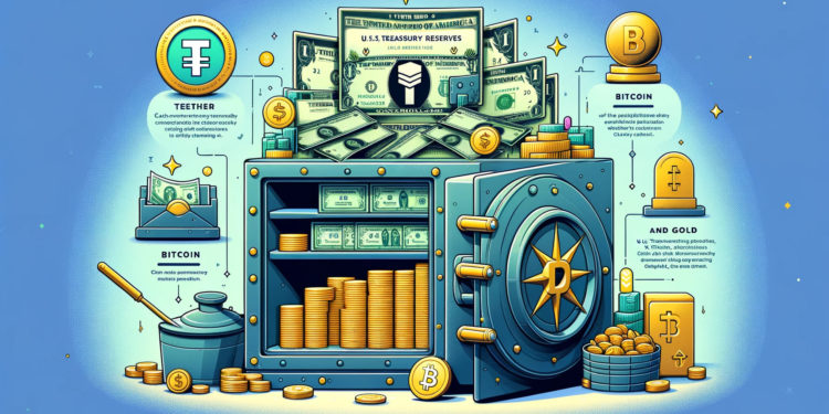 DALLE 2024-05-03 130451 - An infographic-style illustration showcasing Tethers financial success highlighting its cash reserves primarily composed of US Treasuries Bitcoin 1 | 動區動趨-最具影響力的區塊鏈新聞媒體 Tether Q1大賺45.2億美元再創新高!持倉超7.5萬枚BTC已成第八大巨鯨