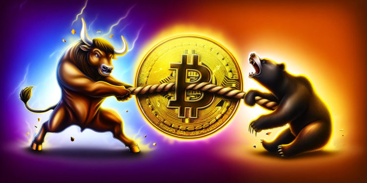 DALLE 2024-05-08 182934 - A visually striking wide format digital banner featuring a dramatic representation of a bull and a bear pulling on a large golden Bitcoin icon symbo 1 | 動區動趨-最具影響力的區塊鏈新聞媒體 六大鏈上數據解讀》目前比特幣市場狀況、主升浪啟動訊號?