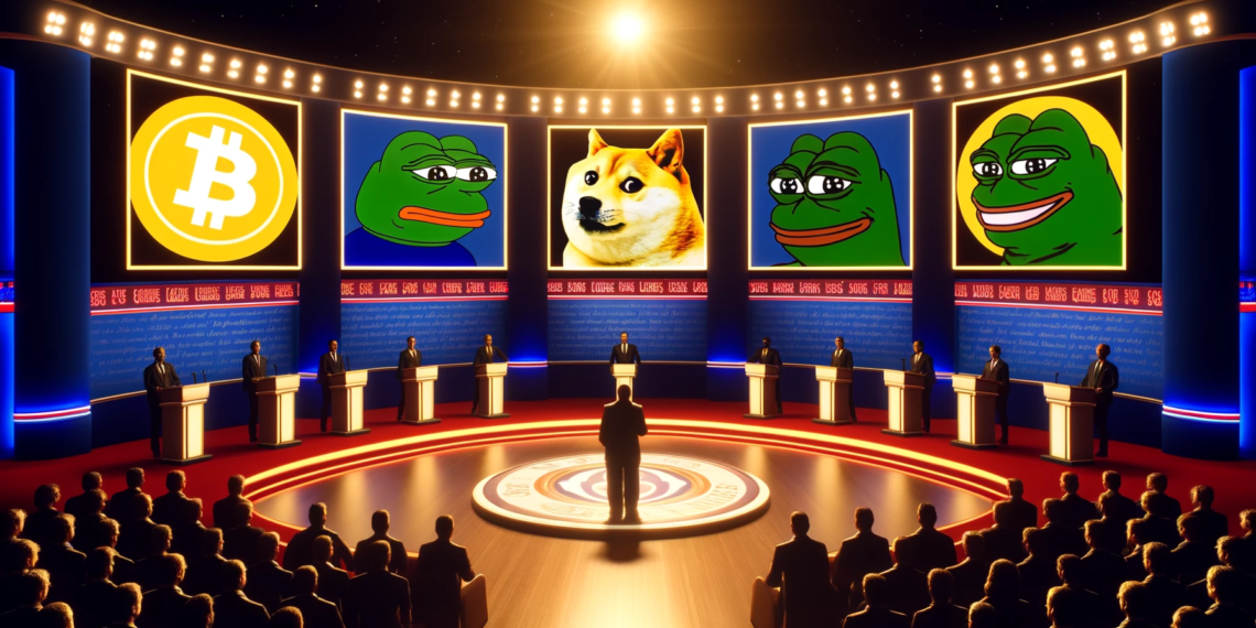 DALLE 2024-05-29 160140 - A dramatic political stage featuring meme coin logos prominently in a conceptual scene including a Dogecoin logo and a Pepe the Frog logo The settin 1 | 動區動趨-最具影響力的區塊鏈新聞媒體 SEC下一步狙擊迷因幣?Andrew Kang:Memecoin 或成美國政治焦點,推動幣價飛漲..
