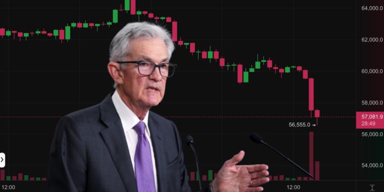 通膨高掛，憂Fed鮑爾今晚唱鷹！比特幣跌破5.7萬創兩個月最低、美股四大指數跳水