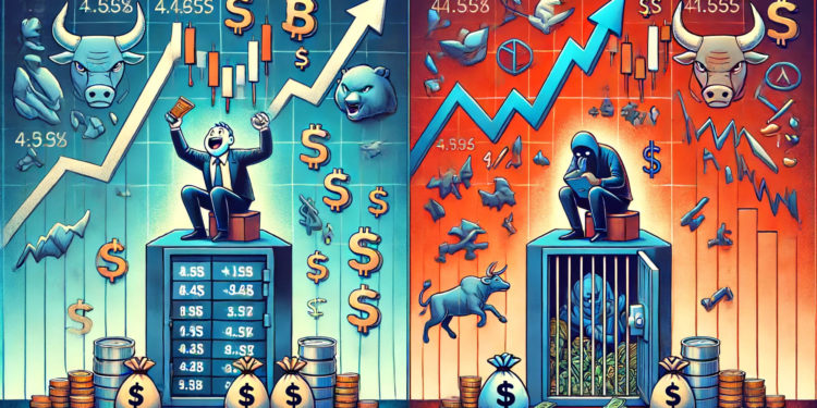 DALLE 2024-06-15 153820 - An image illustrating market sentiment with two contrasting scenes On one side show a person at a high price point greedily adding more stocks to t 2 | 動區動趨-最具影響力的區塊鏈新聞媒體 投資者該如何擺脫「底部看跌、頂部看漲」的韭菜思維?