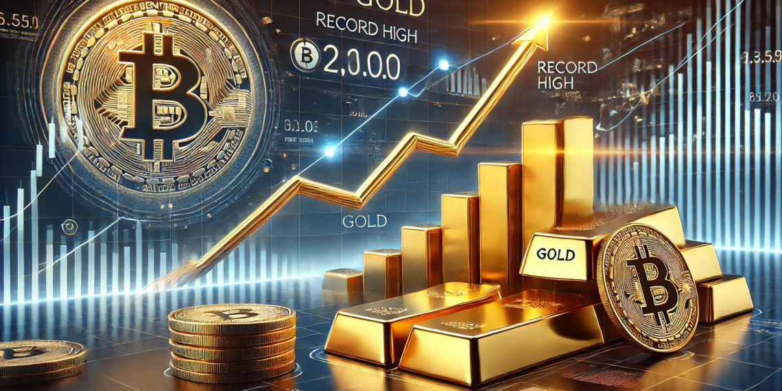 DALLE 2024-07-17 131139 - A digital artwork depicting a golden financial chart with a rising line reaching new heights symbolizing the record high prices of gold In the backg 2 | 動區動趨-最具影響力的區塊鏈新聞媒體 黃金突破2,480美元歷史新高!川普撼動市場,下個是比特幣飛漲?