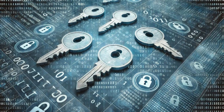 DALLE 2024-07-19 111942 - A digital illustration similar to the uploaded image featuring cryptographic keys overlaid on a background of binary code The image should represent 1 | 動區動趨-最具影響力的區塊鏈新聞媒體 FHE全同態、ZK零知識證明、MPC多方計算,三種錢包加密技術有何不同?