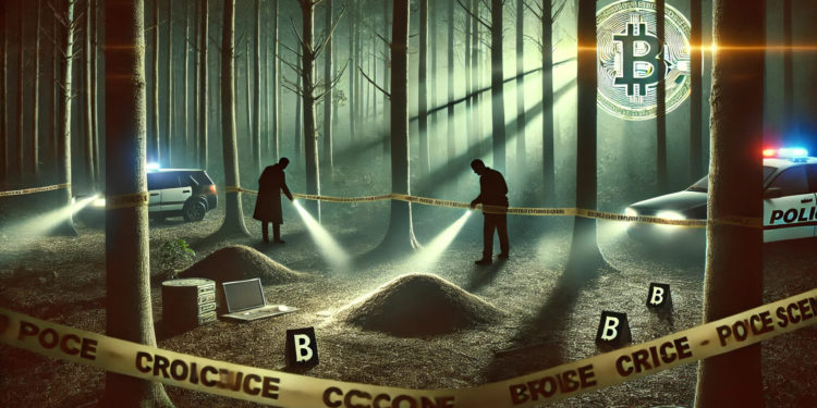 DALLE 2024-07-30 104700 - A haunting and dramatic wide image depicting a crime scene in a dense forest The scene includes a dimly lit foggy forest setting with police tape c 1 | 動區動趨-最具影響力的區塊鏈新聞媒體 比特幣劫殺!烏克蘭男出門遇害埋屍森林,錢包3枚BTC被匪徒搶走