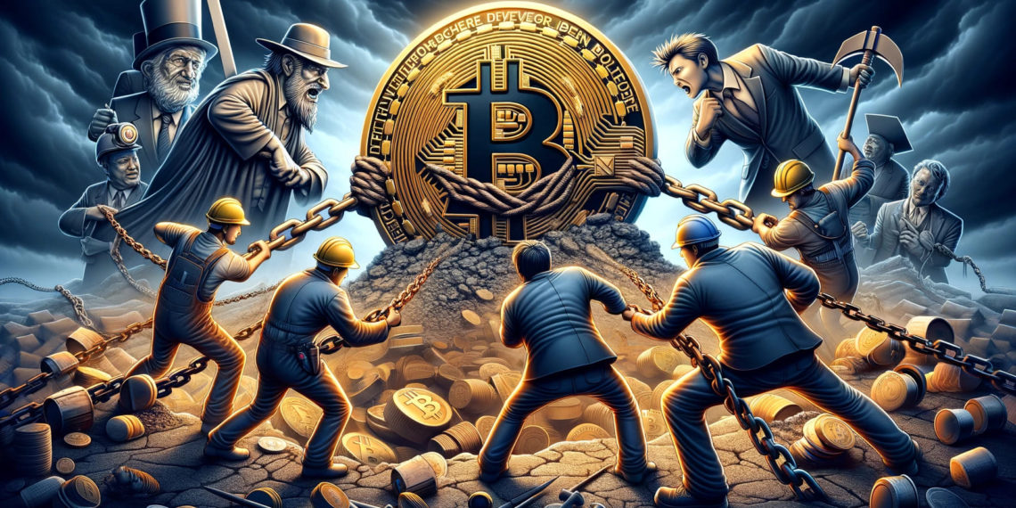 DALLE 2024-08-10 182155 - A wide image illustrating Bitcoin being held back by miners the US government and Mt Gox symbolizing difficulty in progress The scene should depi 1 | 動區動趨-最具影響力的區塊鏈新聞媒體 全面剖析「8/5比特幣暴跌日」:礦工拋售、政府拋售、交易所賠付..該果斷抄底?