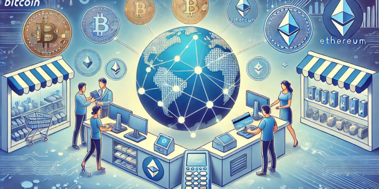 DALLE 2024-09-05 113117 - An illustration showcasing the use of cryptocurrency for cross-border payments and retail store purchases The image features people making payments a 1 | 動區動趨-最具影響力的區塊鏈新聞媒體 Binance Research報告:區塊鏈支付,一個新開始
